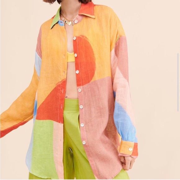 Vitamin A Tops - Vitamin A Multicolor Abstract Button-Down Shirt - Orange, Pink, Blue, Green